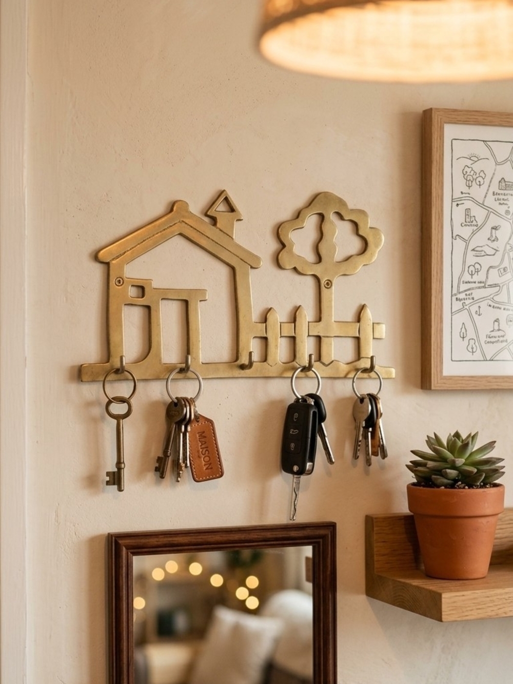 Brass House & Tree Wall Key Rack 5 Hooks Gold Key Holder